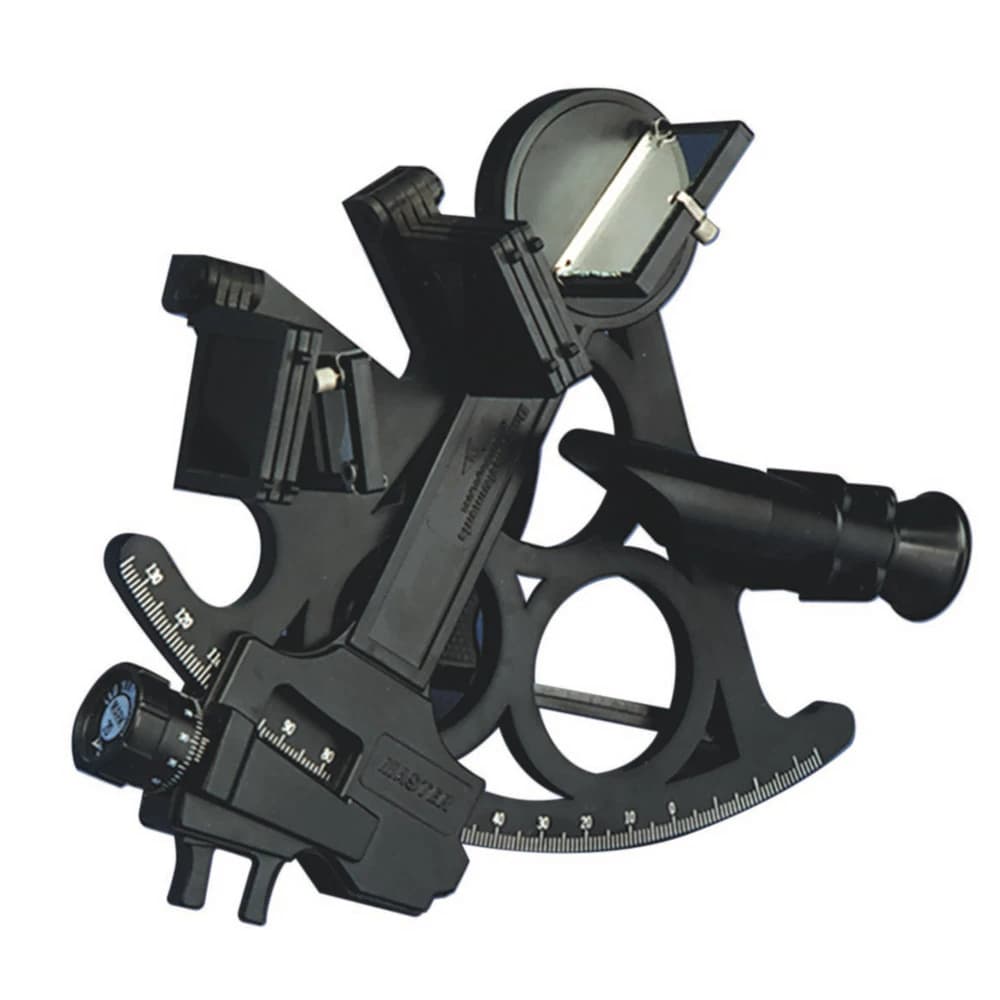 Davis Mark 15 Master Sextant with black frame, telescope, mirrors, shades, index arm, arc, and micrometer drum