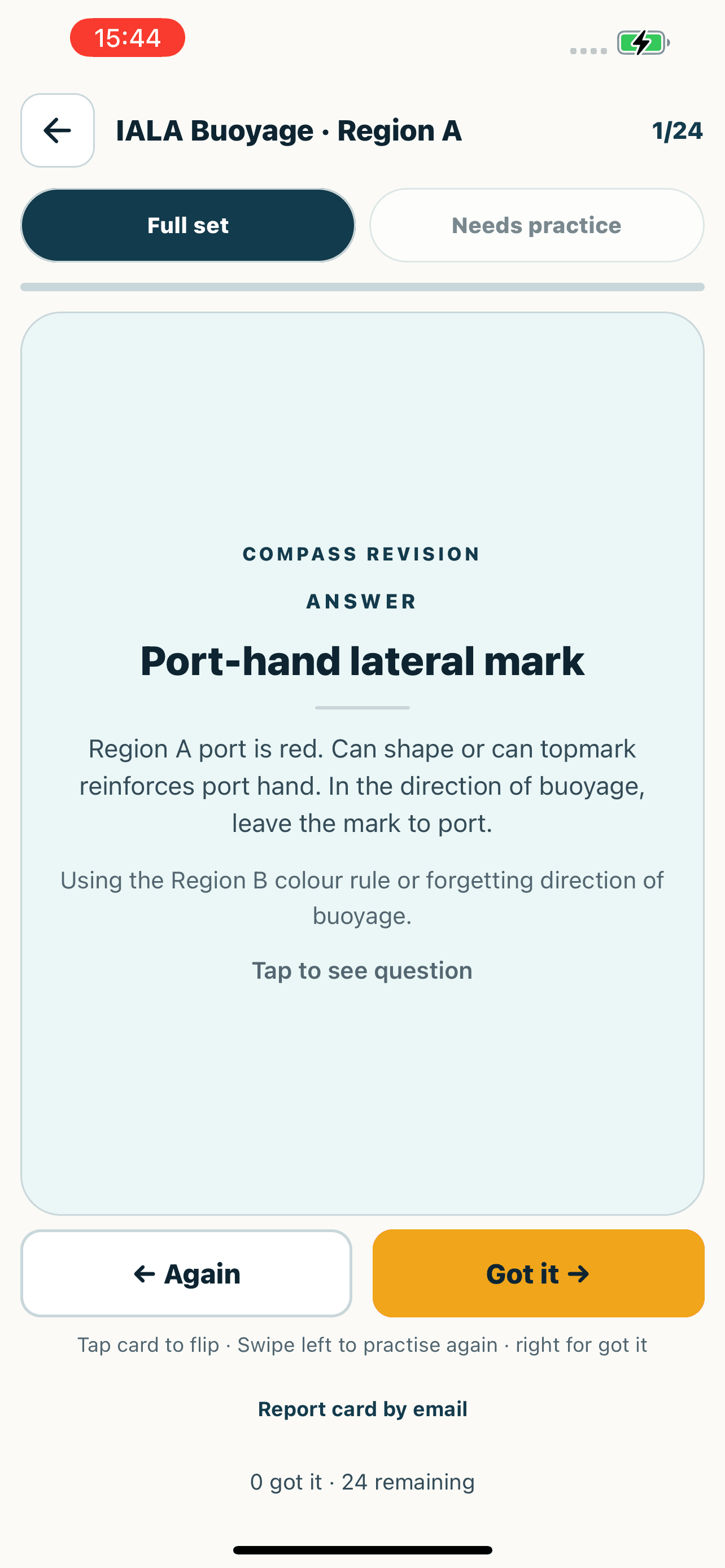 The revealed answer explaining a Region A port-hand lateral mark.