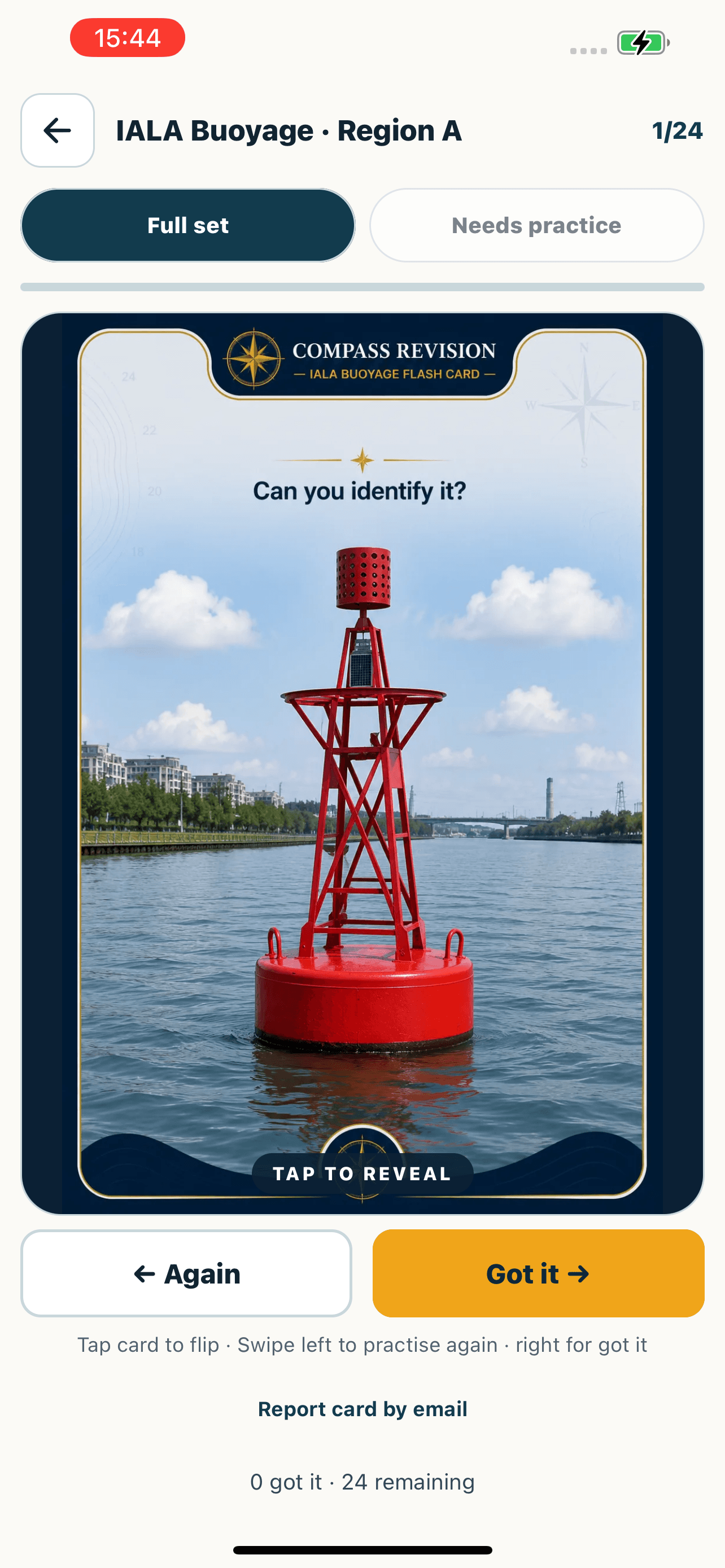 The released iPhone app showing a Region A buoy picture card, with Again and Got it controls.