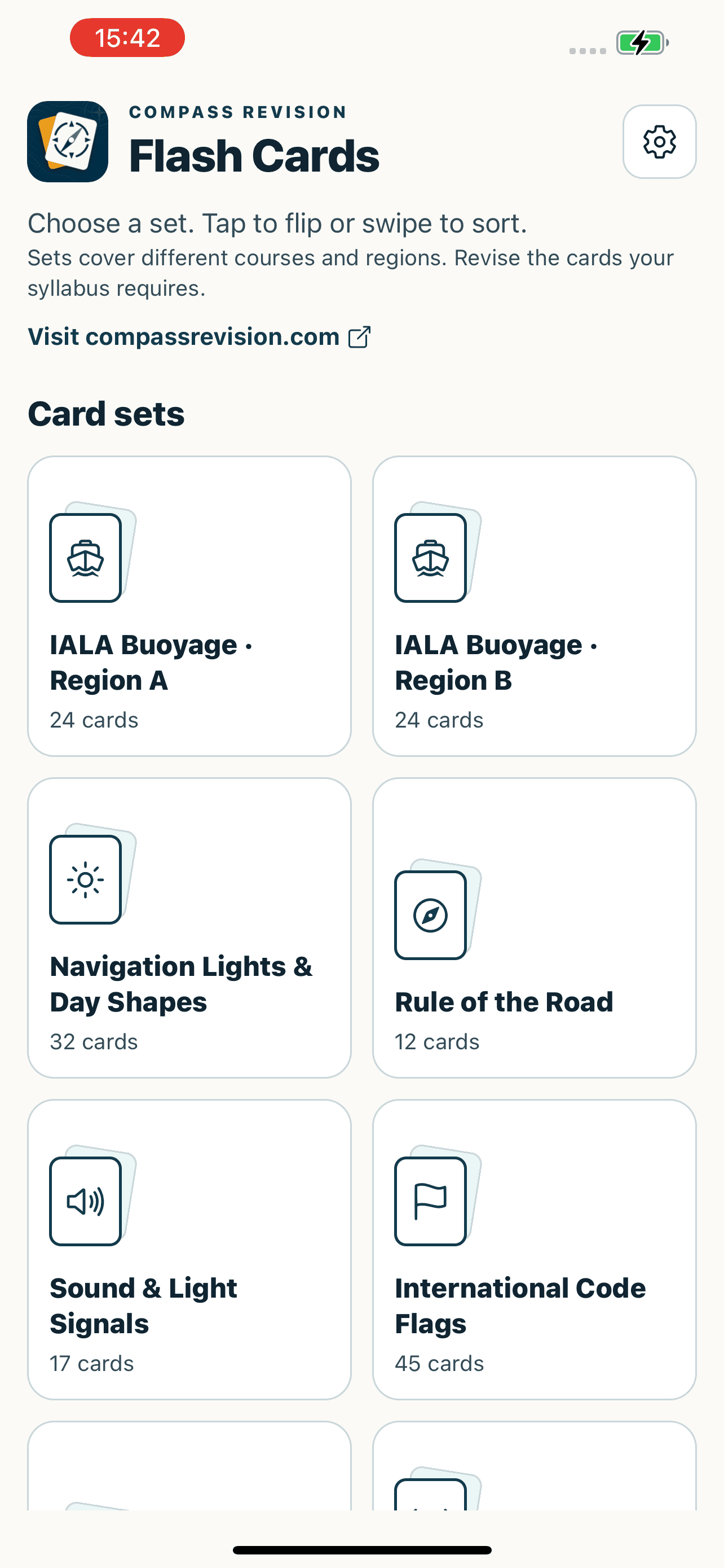 The iPhone card-set library, with separate Region A, Region B, navigation lights, rules and signals sets.