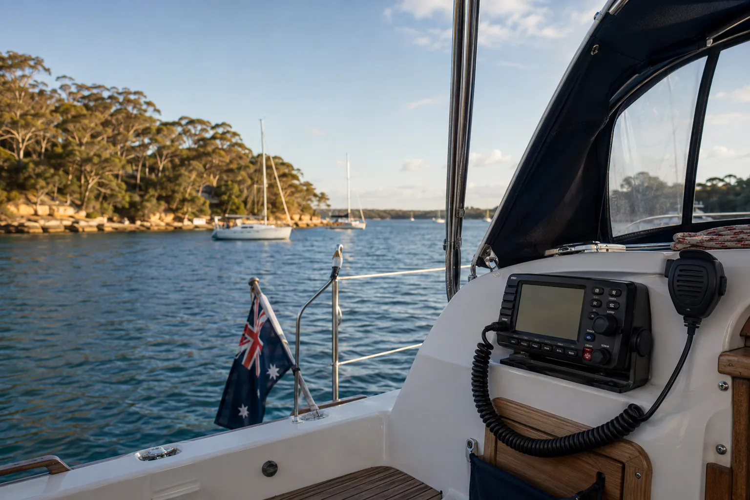 Illustrative yacht cockpit with a marine radio overlooking an Australian-style harbour.