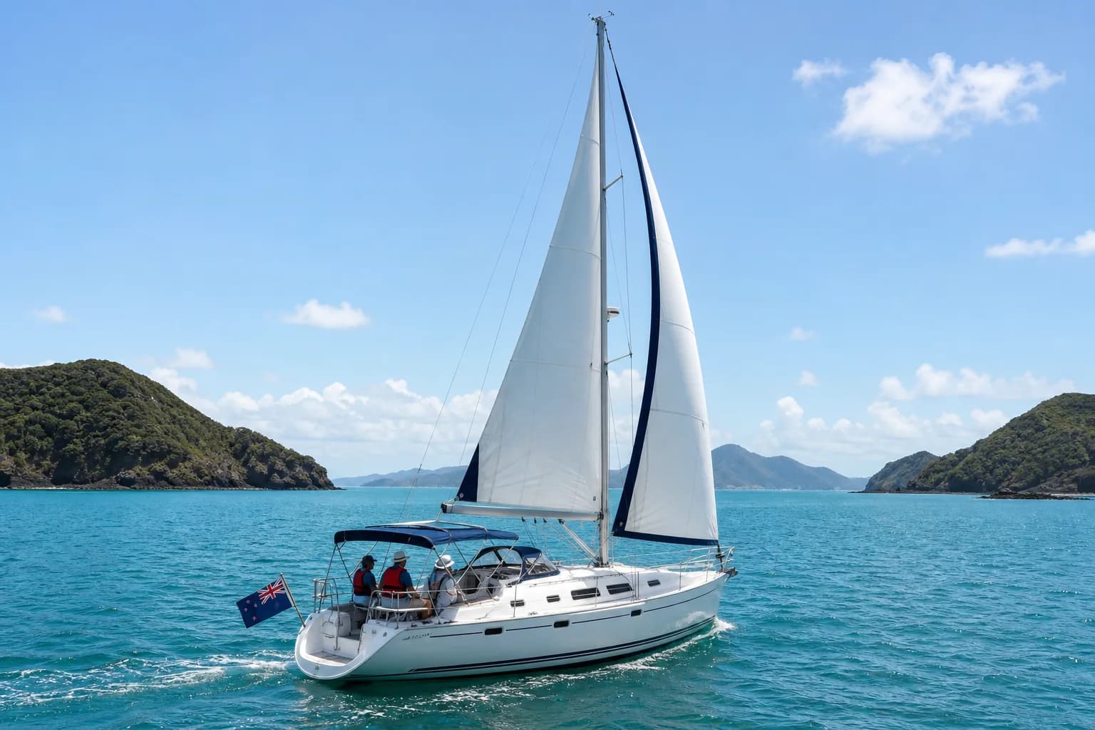 Illustrative New Zealand sailing scene with a cruising yacht and green island headlands.