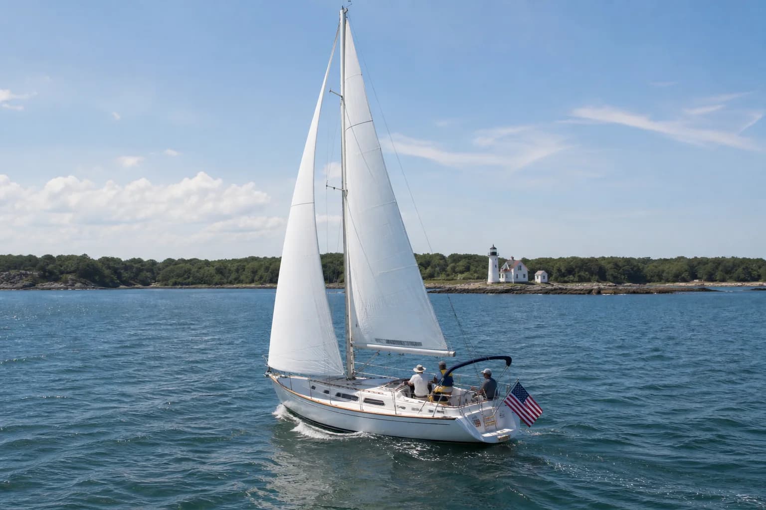 Illustrative U.S. coastal scene with a cruising keelboat and a distant lighthouse.