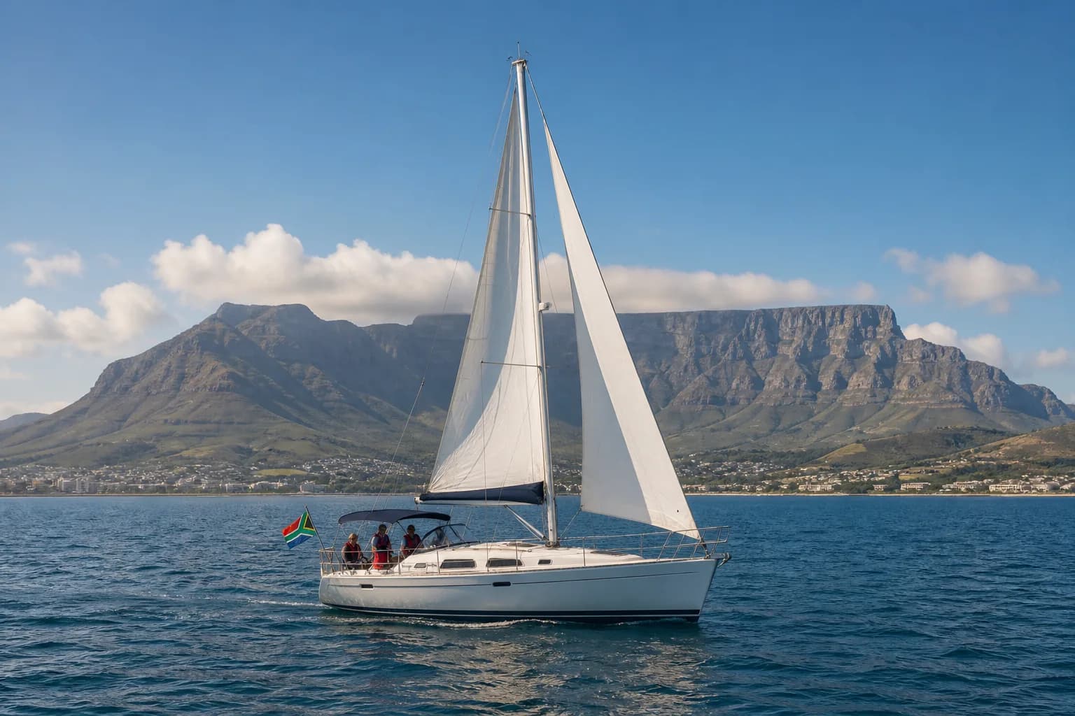 Illustrative South African coastal sailing scene with a yacht and a broad mountain backdrop.
